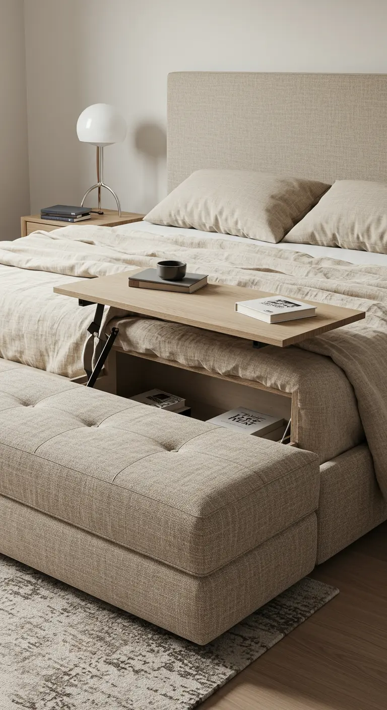 Banc de lit en tissu avec un plateau de table relevable et un espace de rangement.
