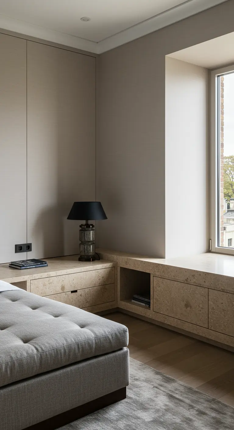Long meuble de rangement bas en marbre sous une fenêtre dans une chambre moderne.