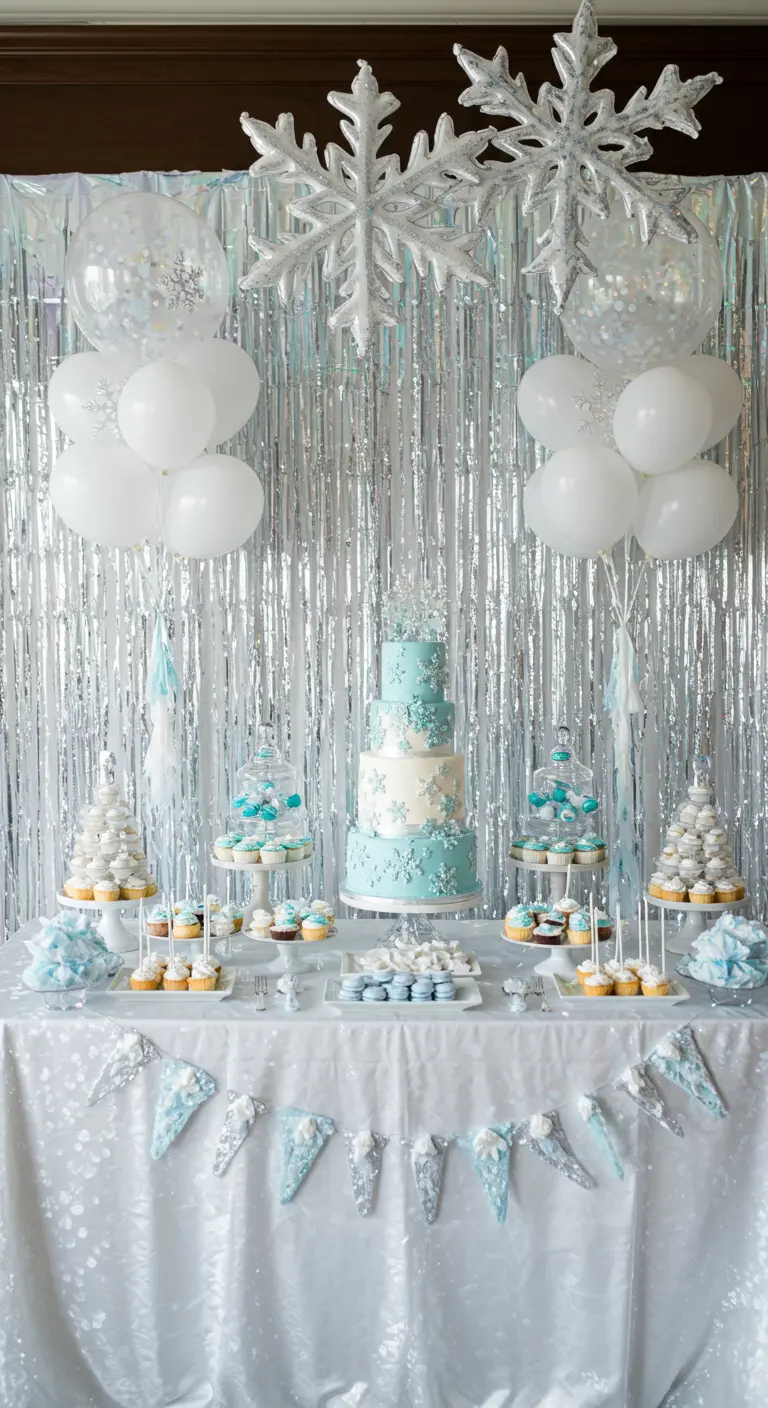 Buffet de desserts avec un fond de rideau argenté, des ballons et des flocons de neige.