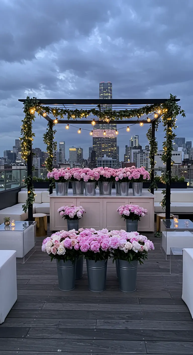 Bar à fleurs sur un rooftop au crépuscule, avec des seaux de pivoines roses.