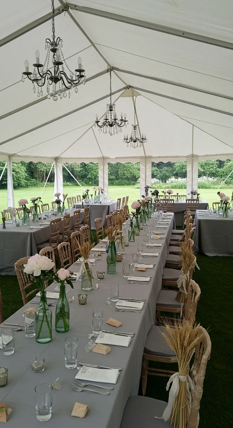 Décor de mariage sous une tente avec des gerbes de blé sur les chaises.