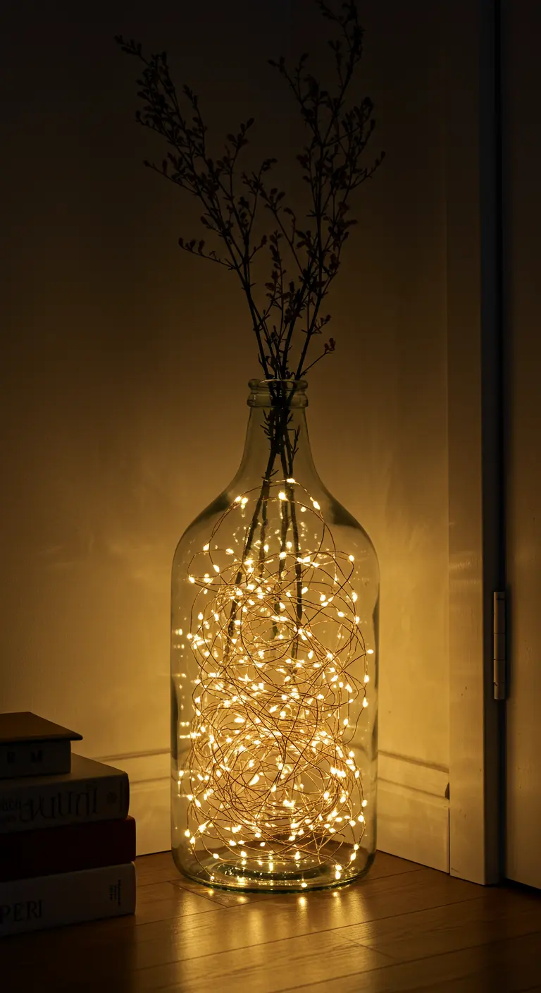 Une grande bonbonne en verre transparent remplie d'une guirlande lumineuse sur fil de cuivre.