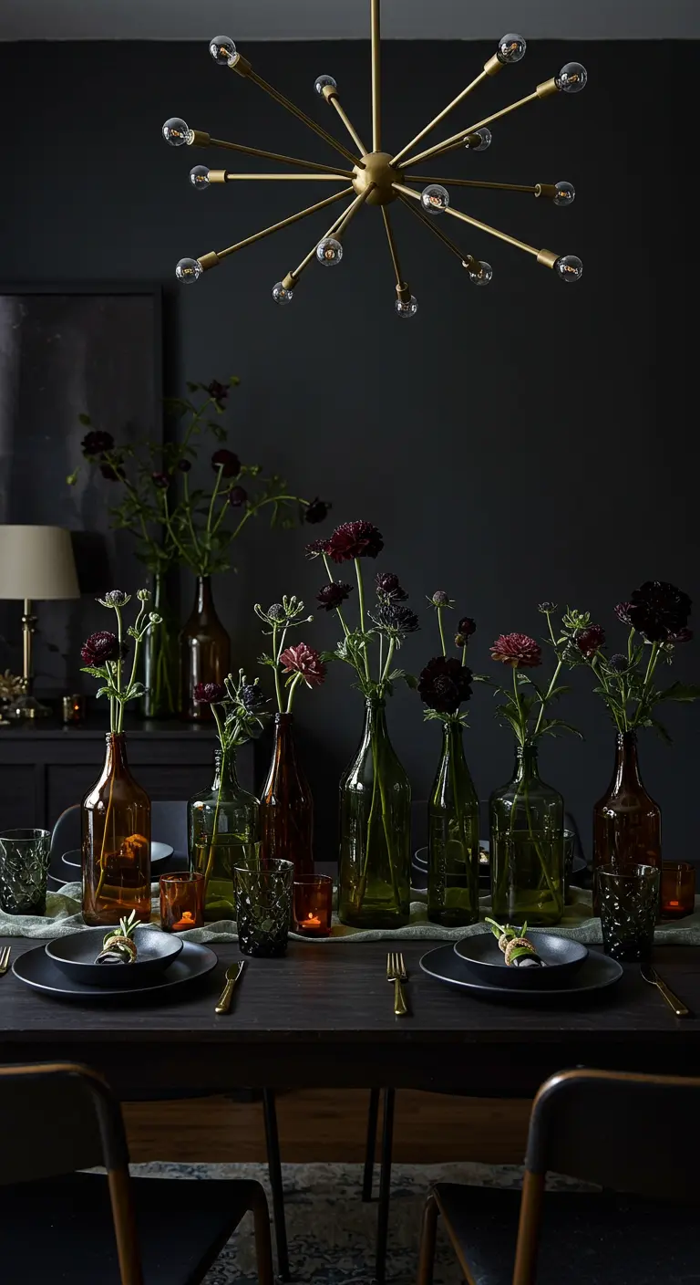Table de brunch sombre et élégante avec des vases en verre coloré et des fleurs foncées.