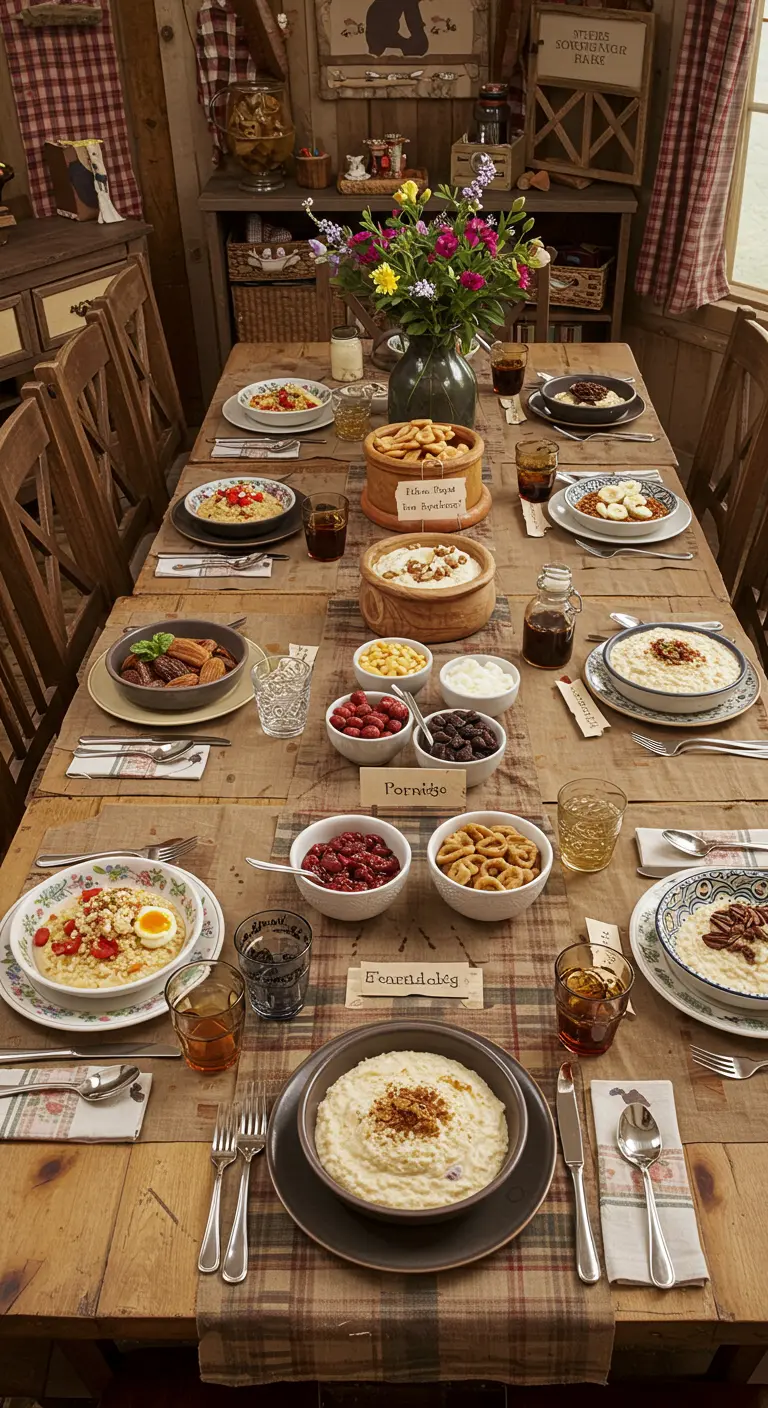 Table de brunch rustique avec des bols de porridge, thème Boucle d'Or.