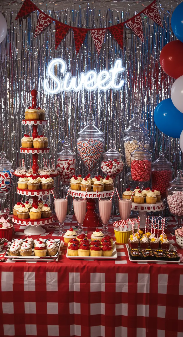 Buffet de desserts rétro avec cupcakes, bonbons et un néon
