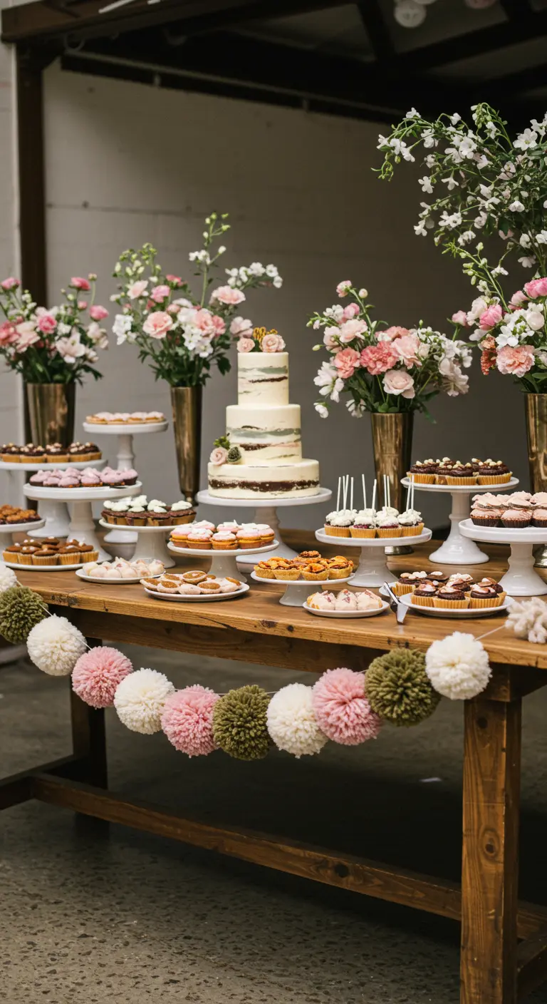 Une guirlande de pompons colorés accrochée au bord d'une table de desserts en bois.