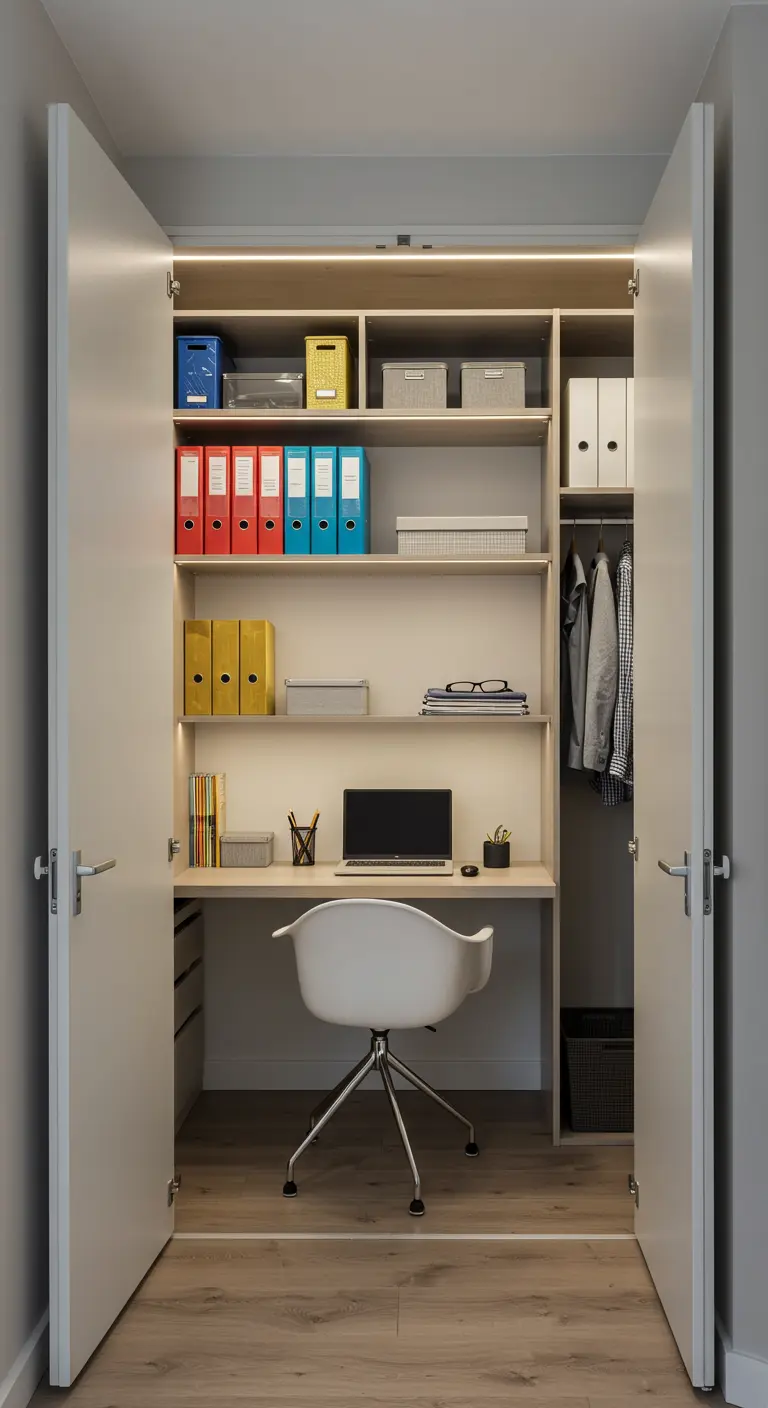 Bureau aménagé à l'intérieur d'un placard blanc ouvert, avec chaise et rangements.