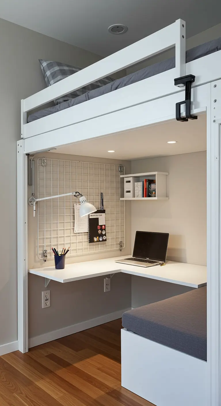 Bureau d'angle blanc aménagé sous un lit mezzanine avec un panneau grillagé mural.