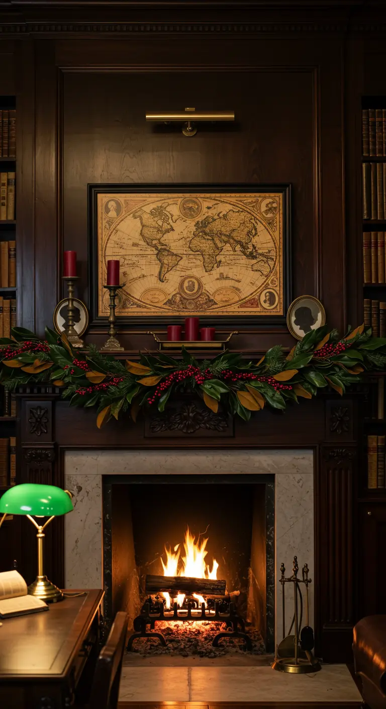Cheminée en bois sombre avec une carte du monde vintage, une guirlande de magnolia et des bougies.