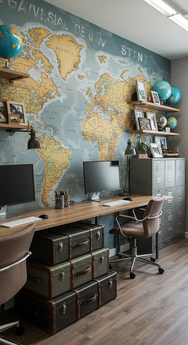 Bureau double avec une grande carte du monde murale, des malles de voyage comme rangement et des casiers.