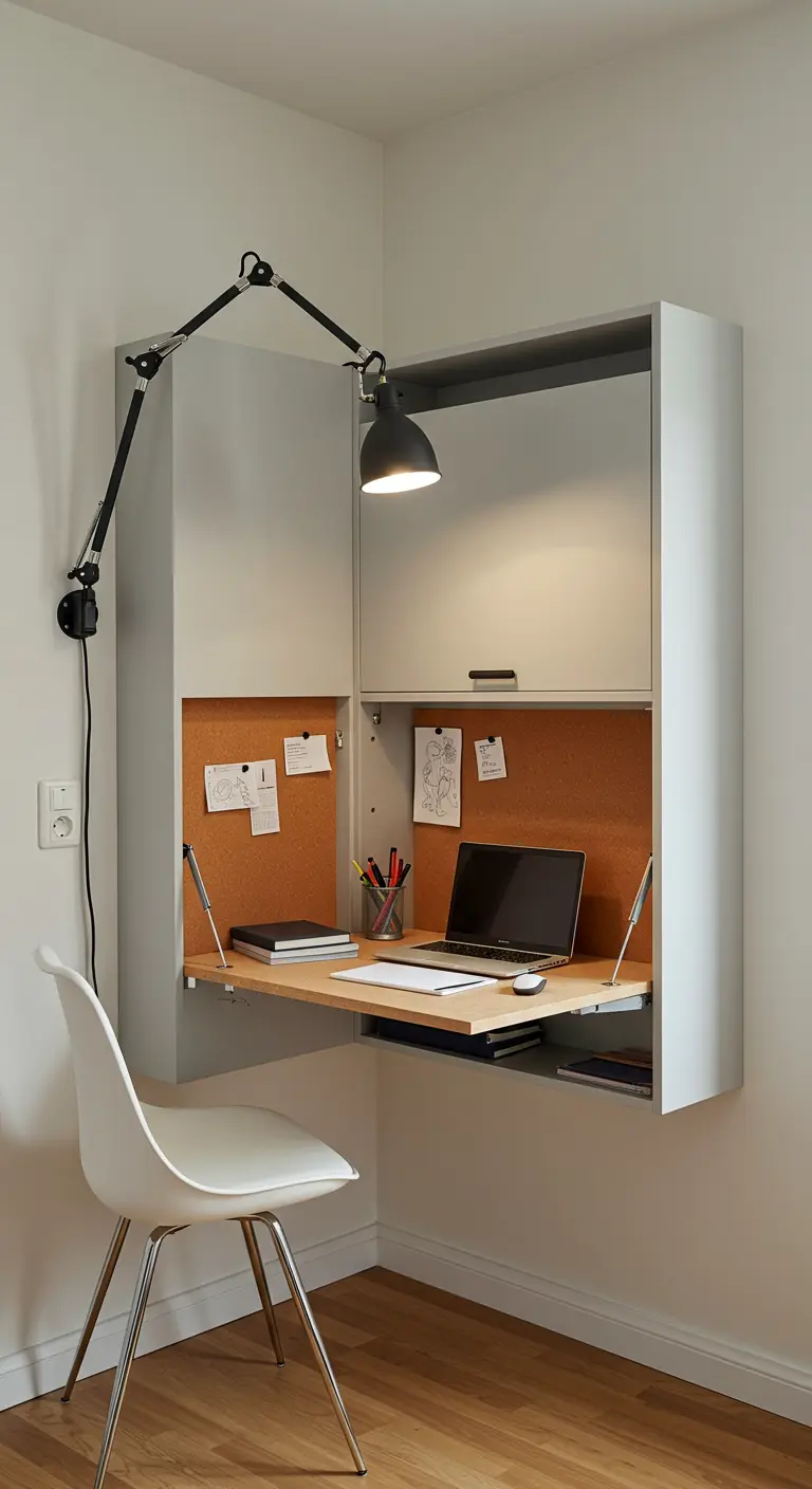 Secrétaire mural gris ouvert, formant un petit bureau avec une chaise blanche design.
