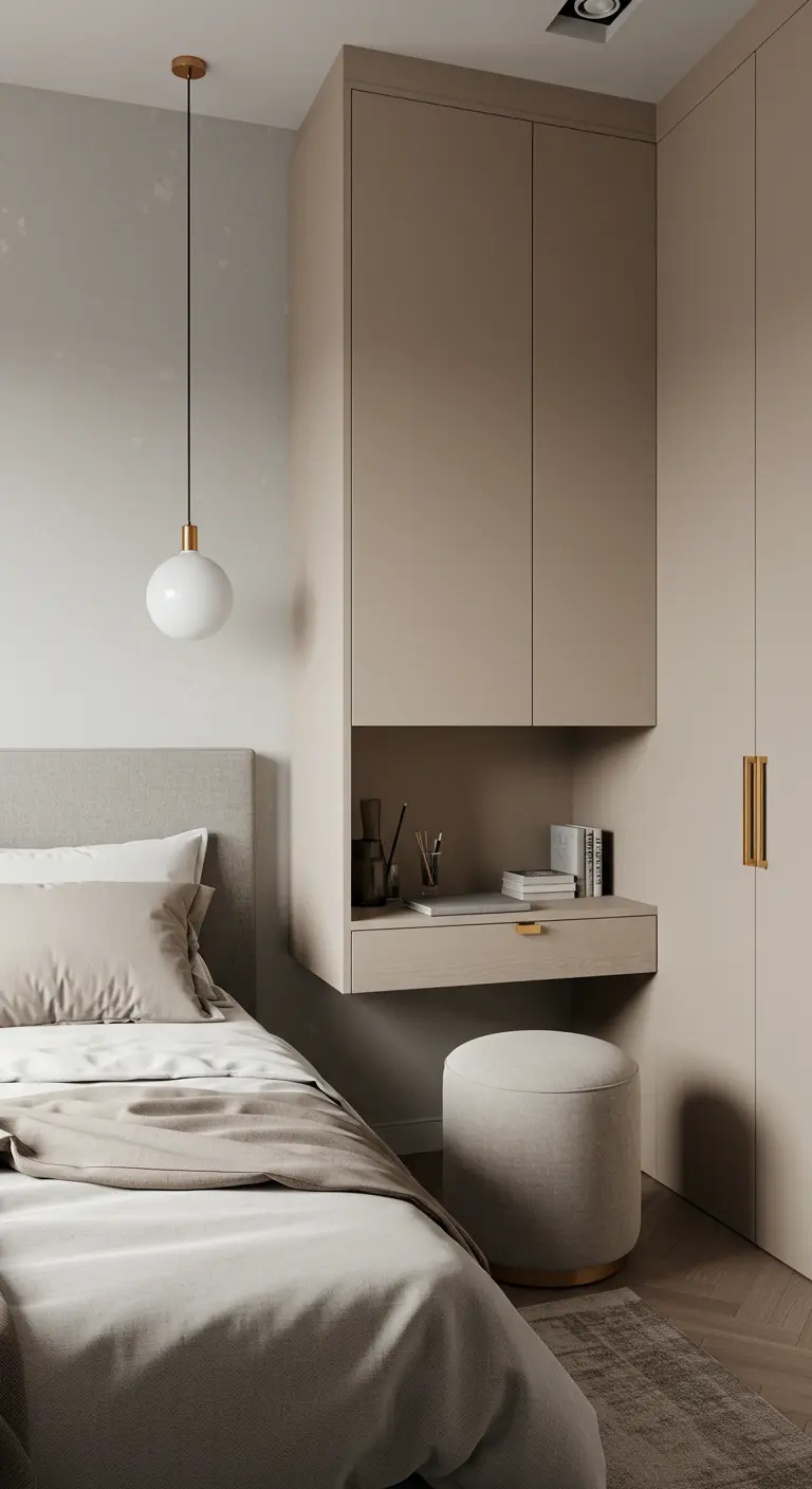 Petit bureau suspendu intégré dans une unité de rangement murale beige.
