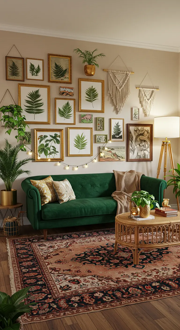 Mur de cadres de style bohème avec illustrations botaniques et macramé au-dessus d'un canapé vert.