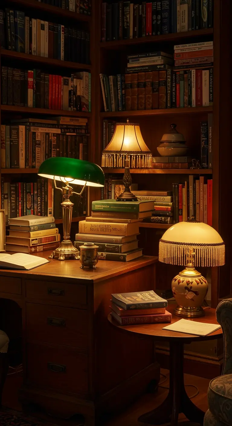 Un bureau en bois sombre rempli de livres, éclairé par plusieurs lampes de style vintage.