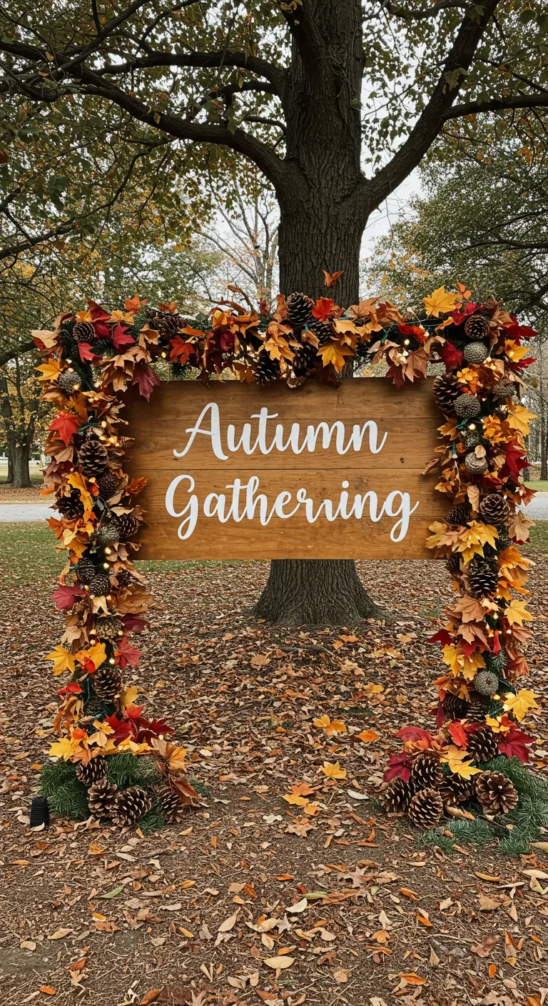 Grand panneau en bois avec l'inscription 'Autumn Gathering' encadré de guirlandes.