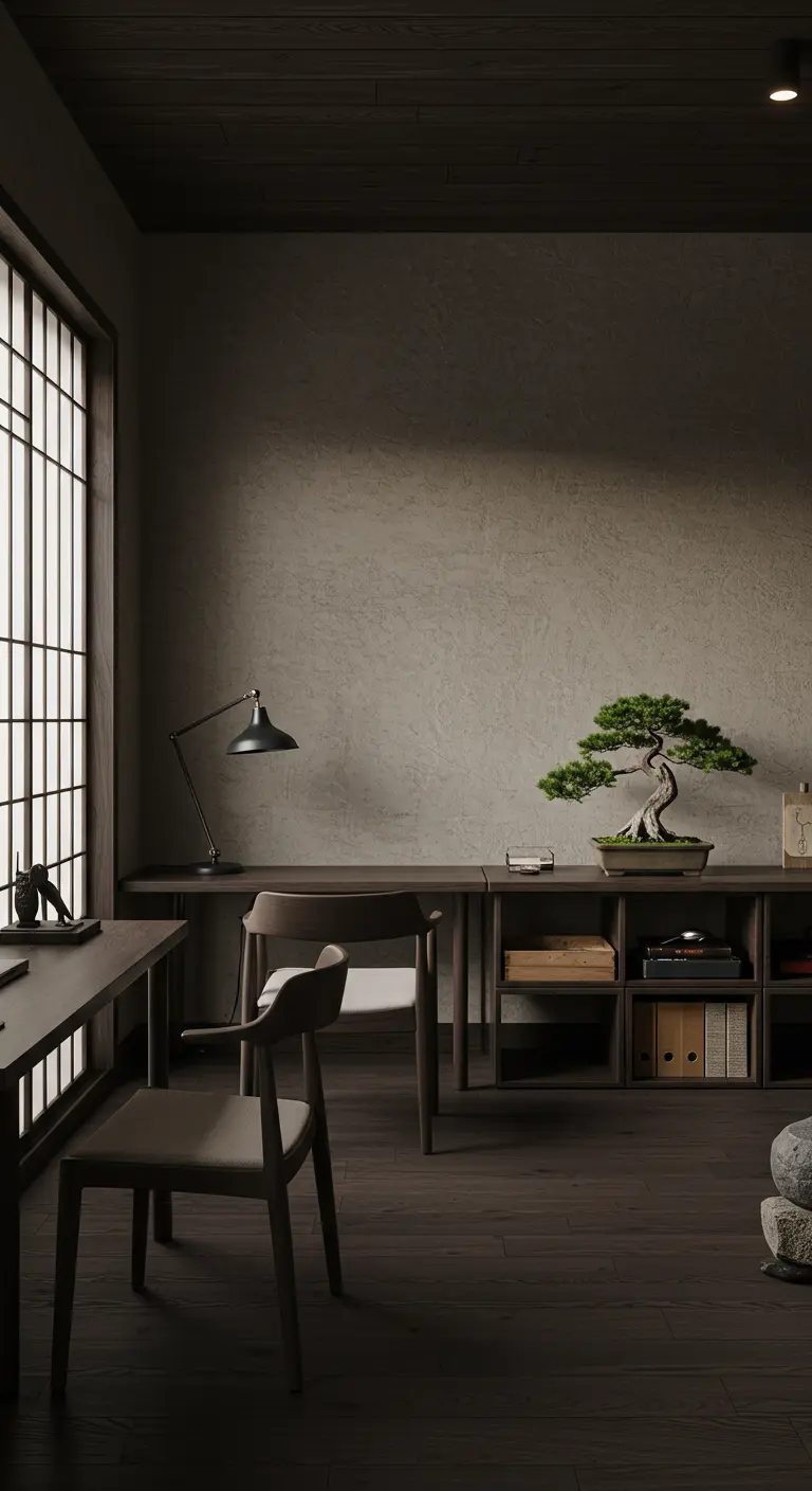 Bureau partagé minimaliste de style japonais avec bois sombre, murs texturés et un bonsaï.