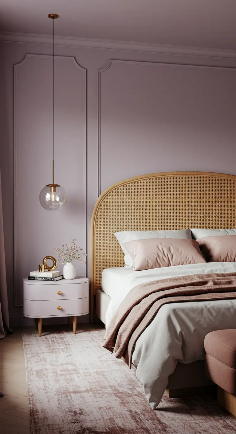 Chambre avec murs mauves et moulures, tête de lit en rotin et suspension globe.
