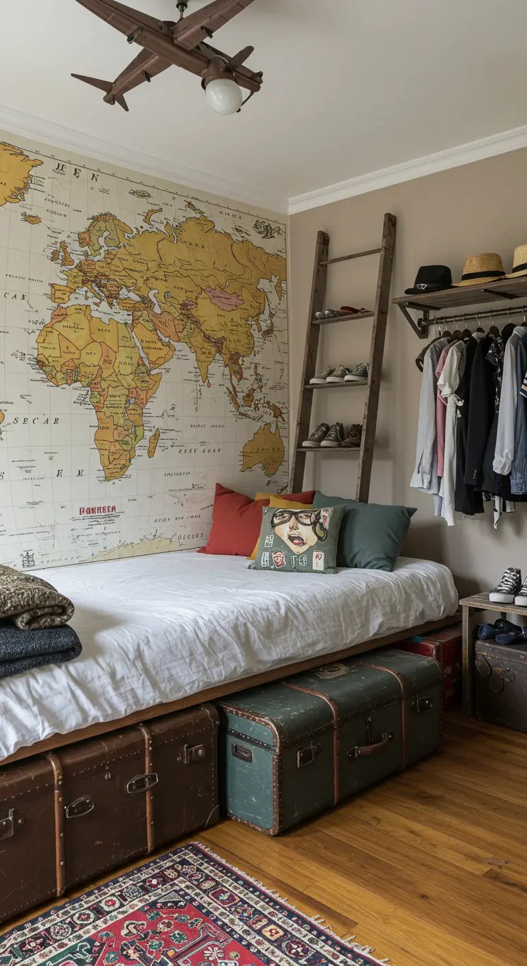 Chambre sur le thème du voyage avec une carte murale géante et des malles de rangement sous le lit.