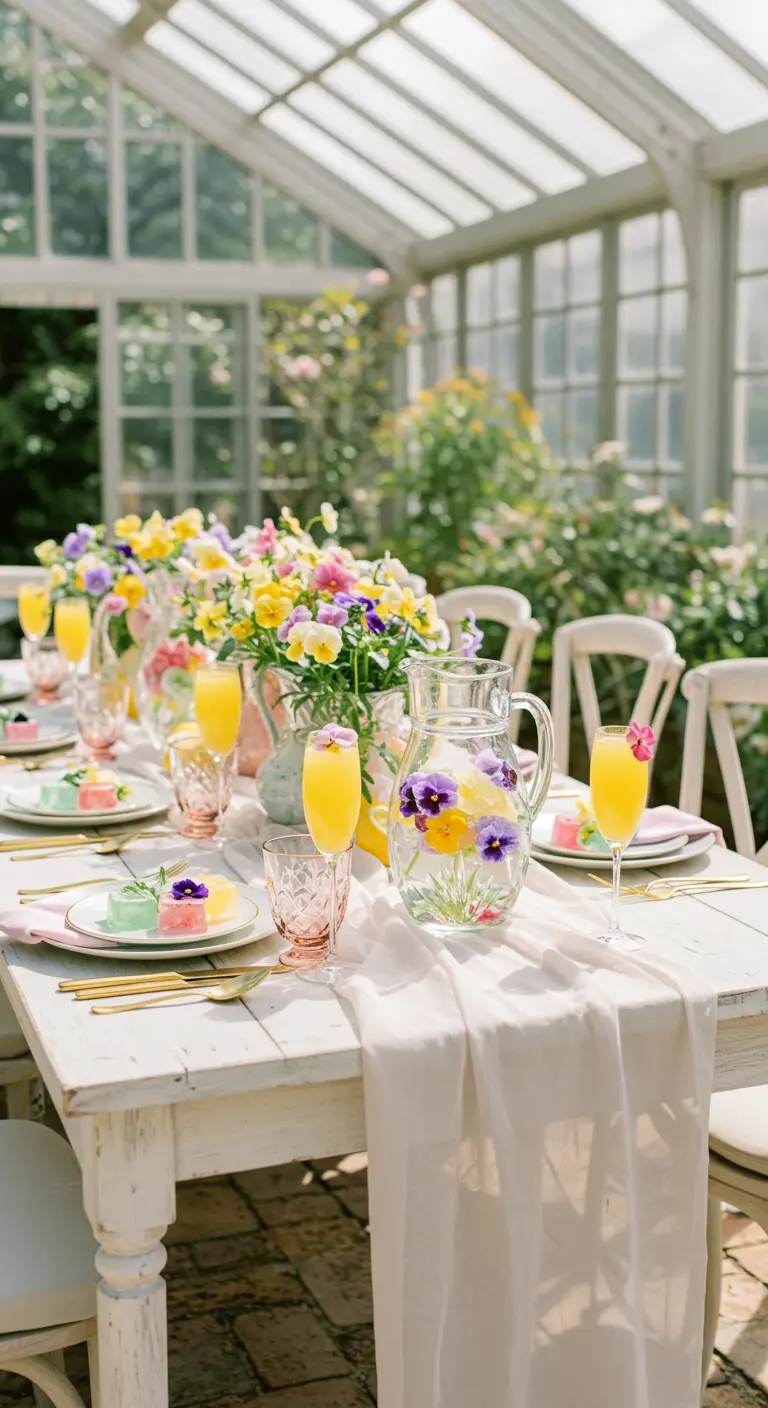Table de brunch en serre avec des fleurs de pensée dans une carafe d'eau.