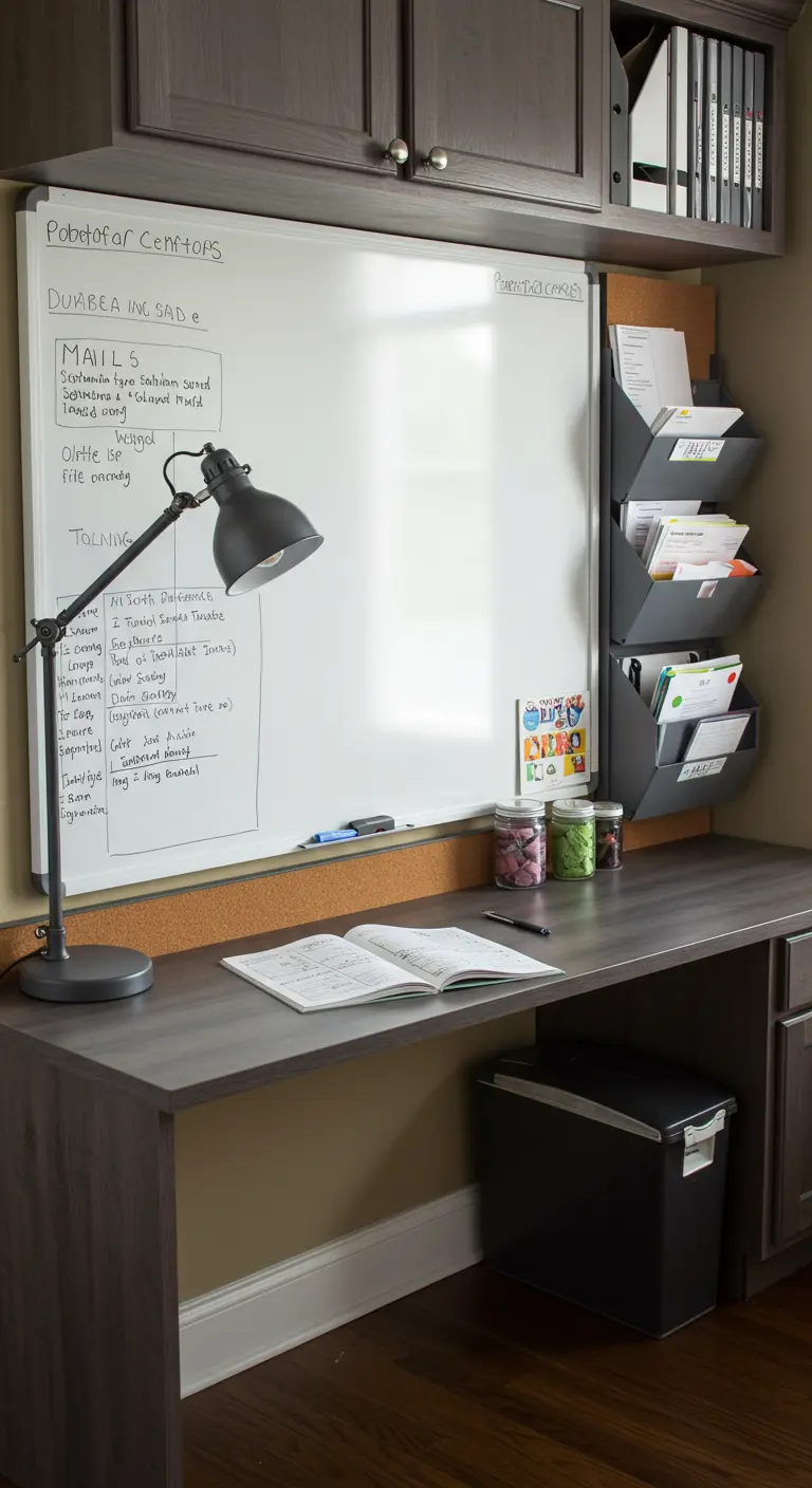 Bureau avec un grand tableau blanc et des organiseurs de courrier muraux.