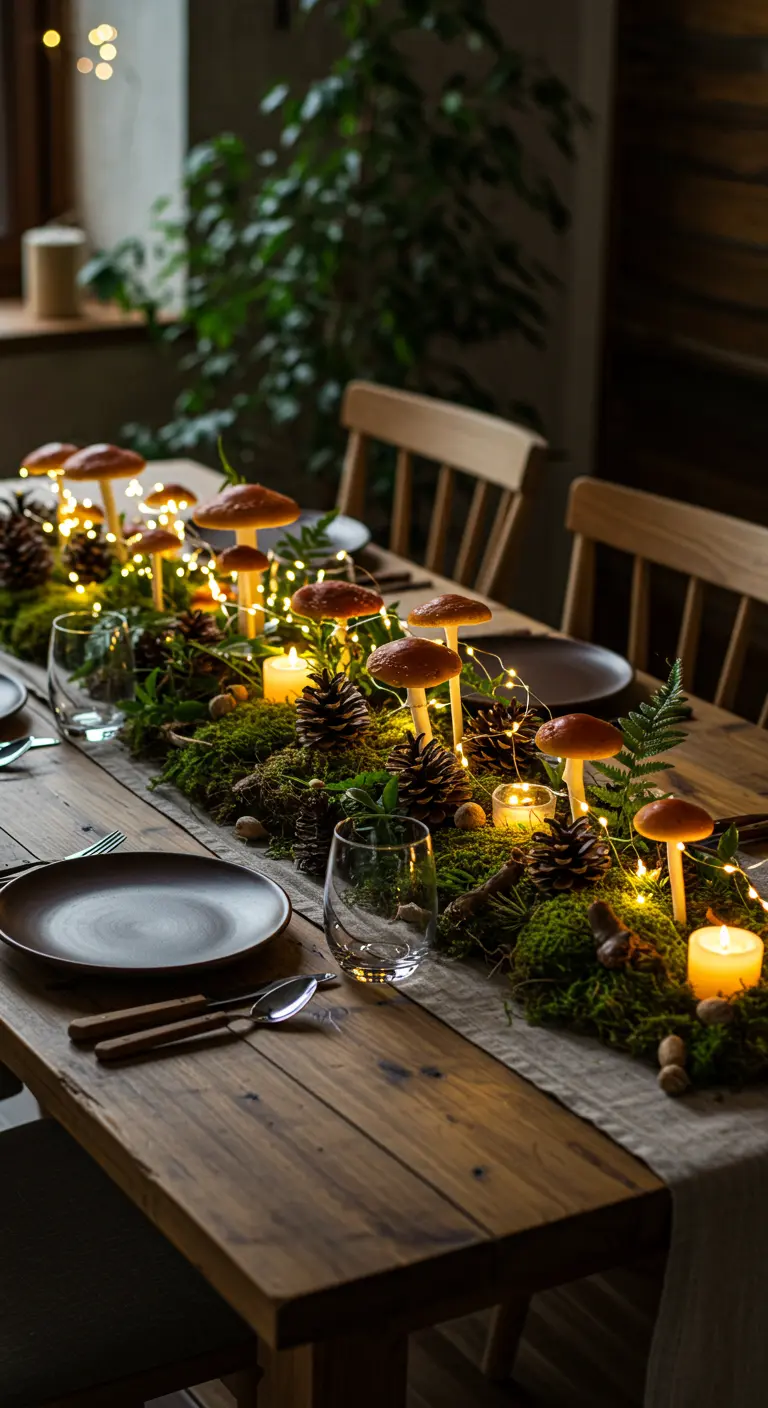 Centre de table original avec de la mousse, des pommes de pin et des champignons lumineux.