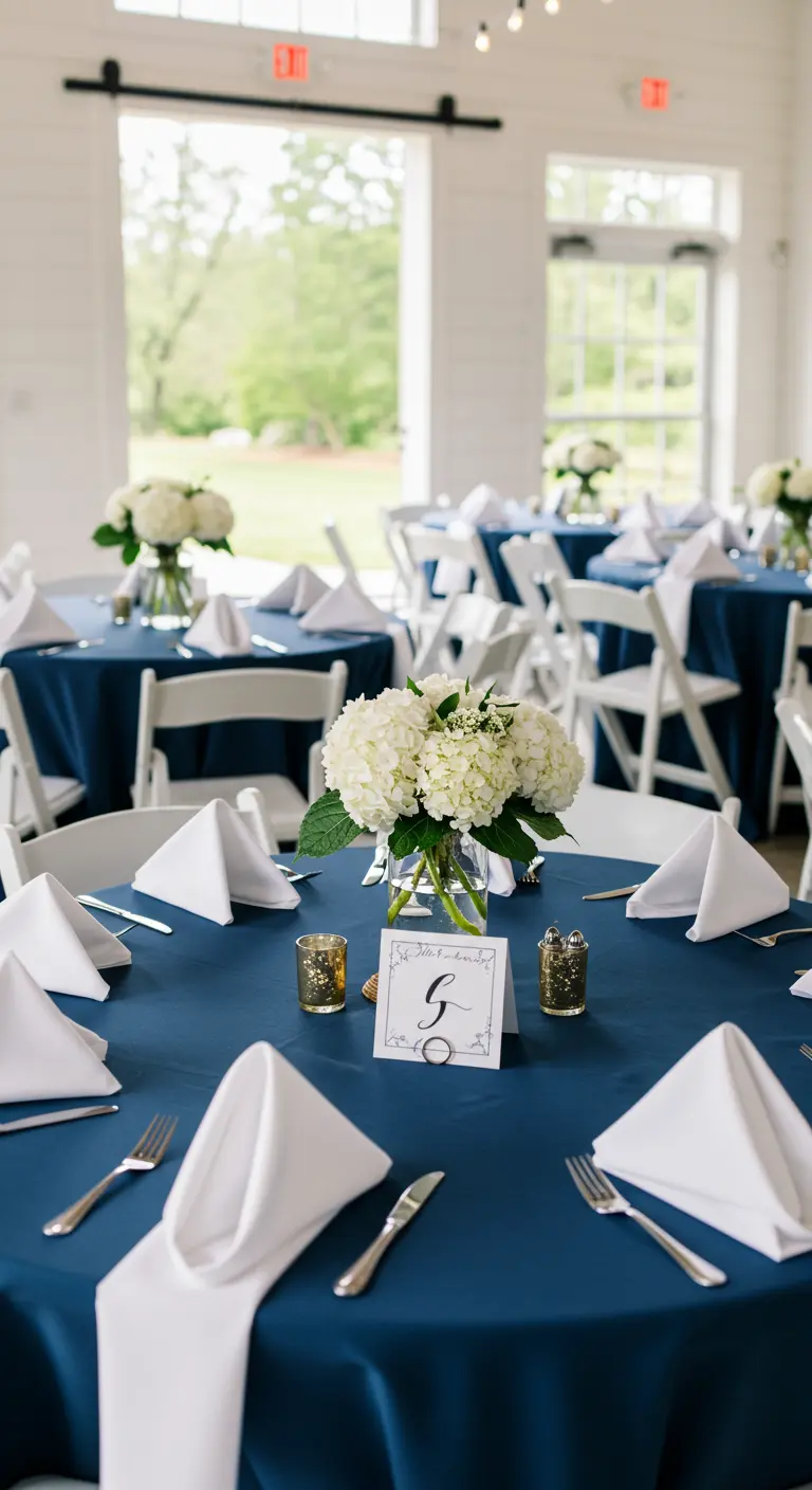 Table de mariage avec nappe bleue et serviettes blanches pliées en chapeau d'évêque.