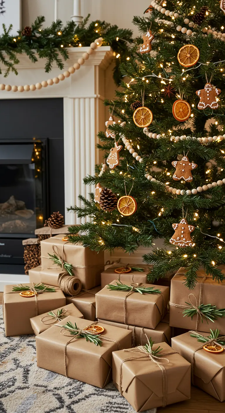 Sapin de Noël décoré avec des sablés en pain d'épices et des rondelles d'orange séchée.
