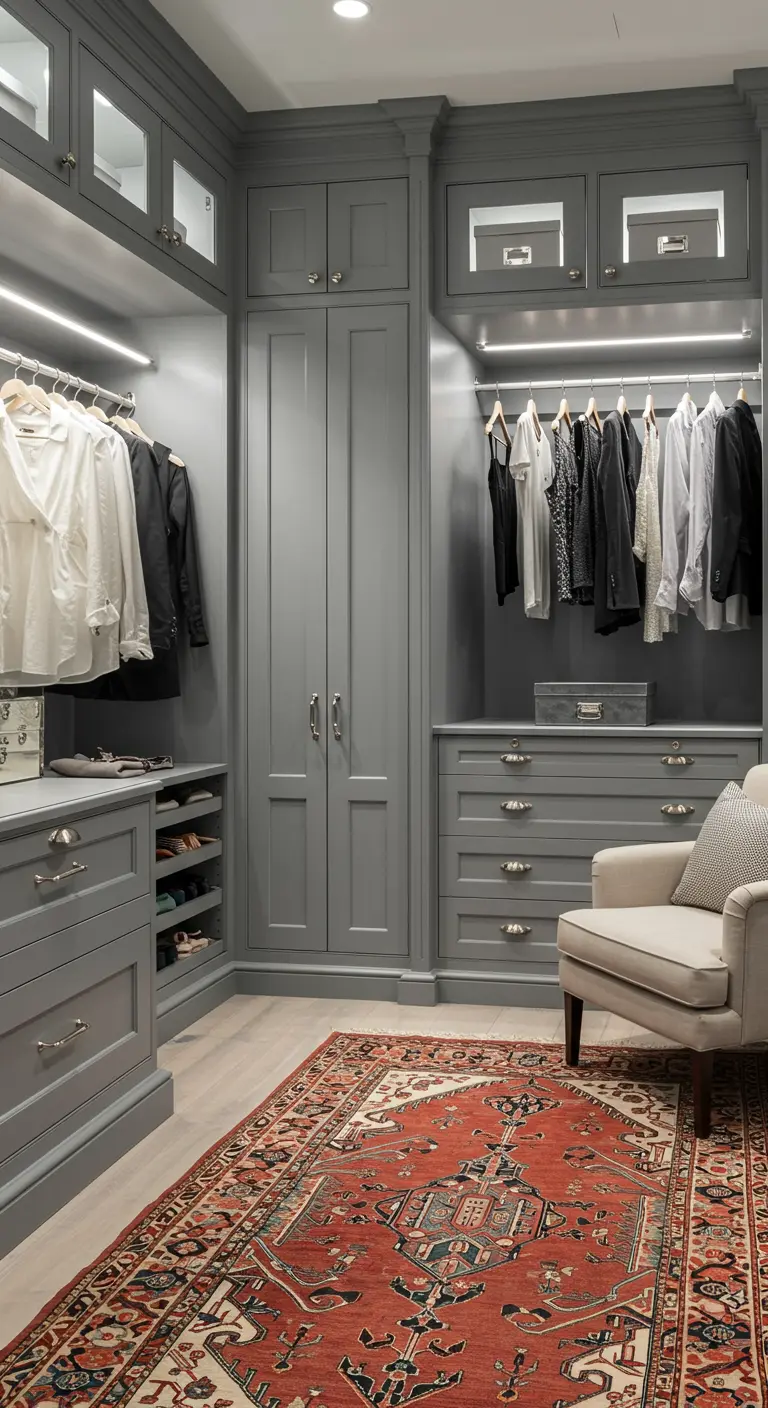 Dressing gris de style traditionnel avec un fauteuil et un grand tapis persan.