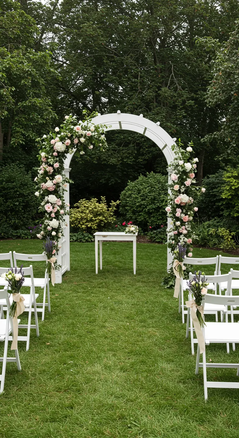 Arche de jardin blanche classique en treillage, décorée de roses pâles et de lavande.
