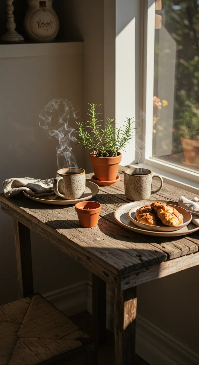 Petite table en bois avec du café et un pot de romarin.