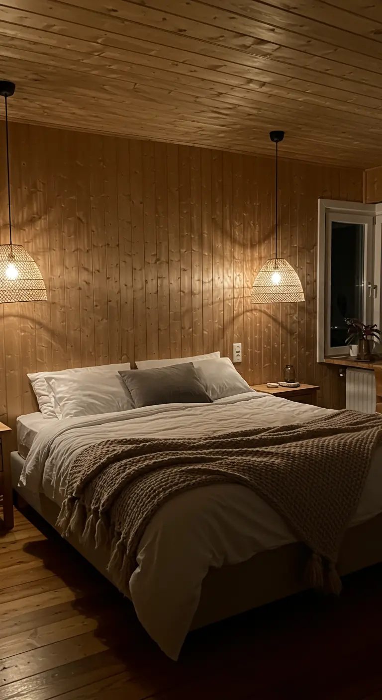 Chambre entièrement lambrissée de bois avec deux suspensions en osier au-dessus du lit.