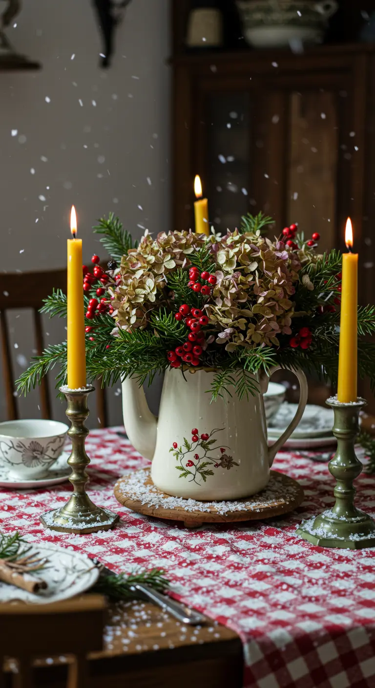 Bouquet de Noël dans une théière avec des bougies en cire d'abeille.
