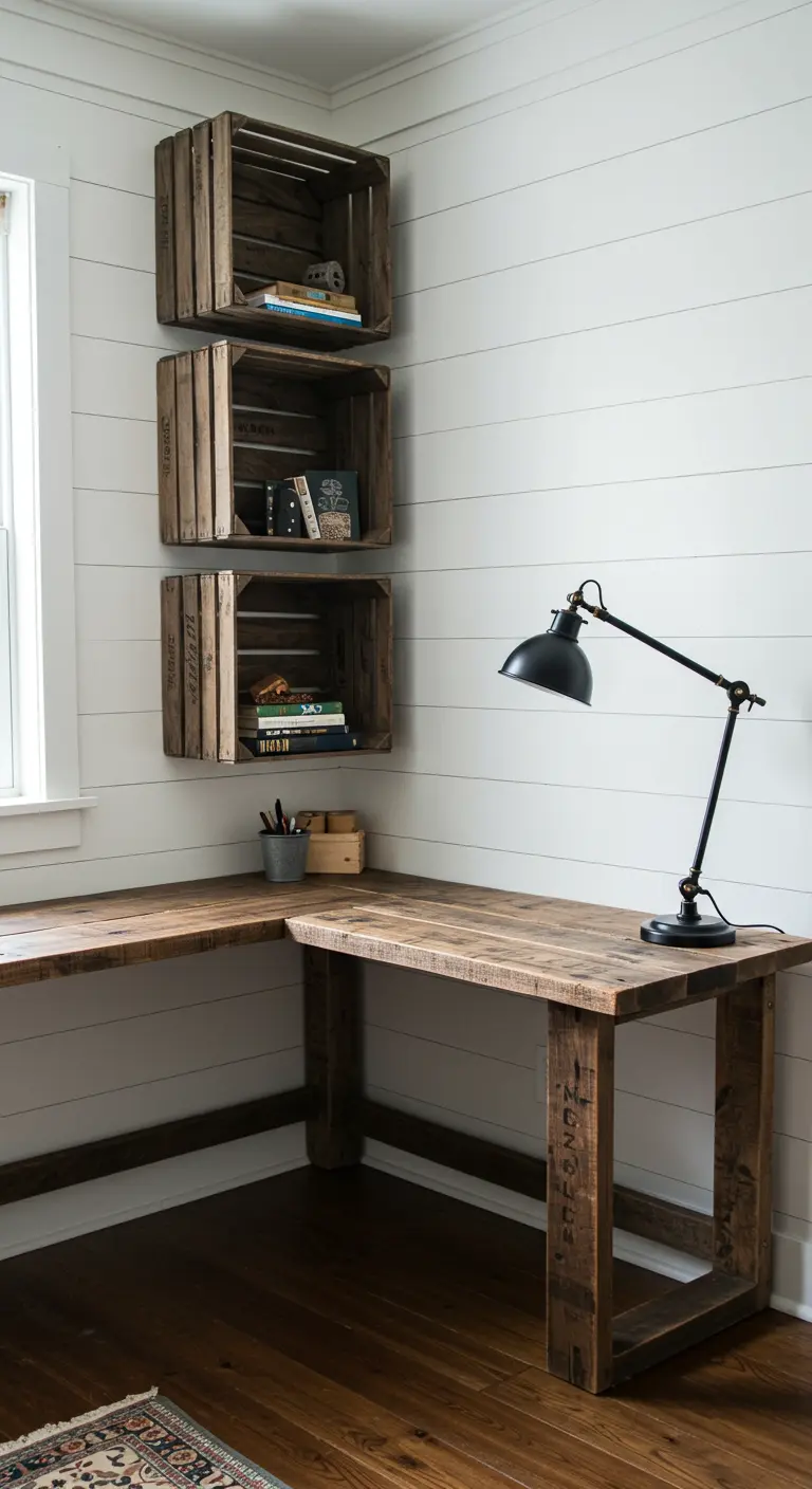 Bureau d'angle en bois rustique avec trois caisses en bois fixées au mur comme étagères.