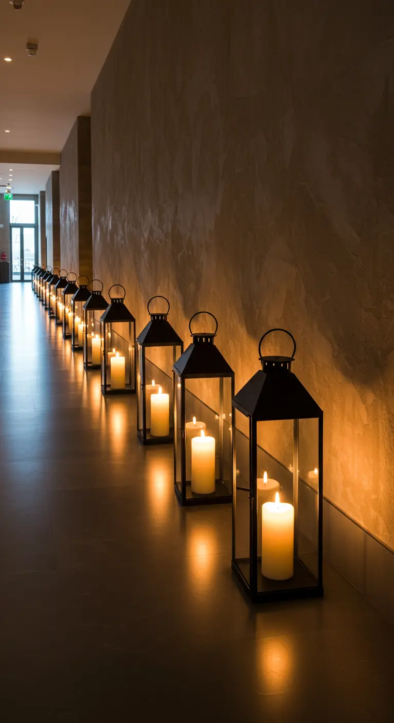 Un long couloir sombre bordé d'une rangée de grandes lanternes noires avec des bougies allumées.