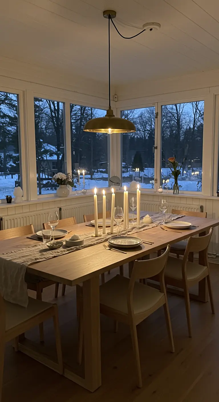 Table en bois dressée avec de hautes bougies blanches et vue sur un paysage enneigé.