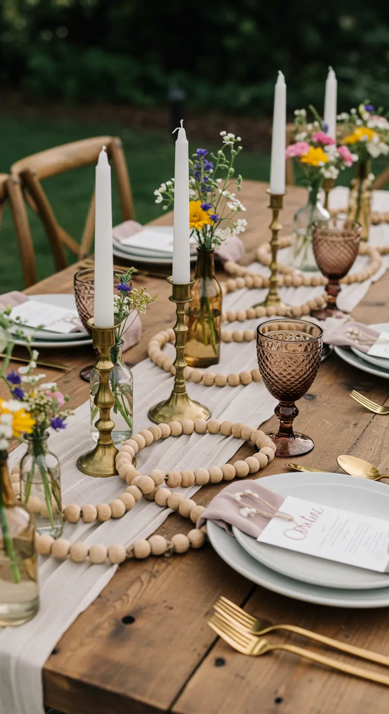 Une guirlande de perles en bois utilisée comme chemin de table sur une table en bois rustique.