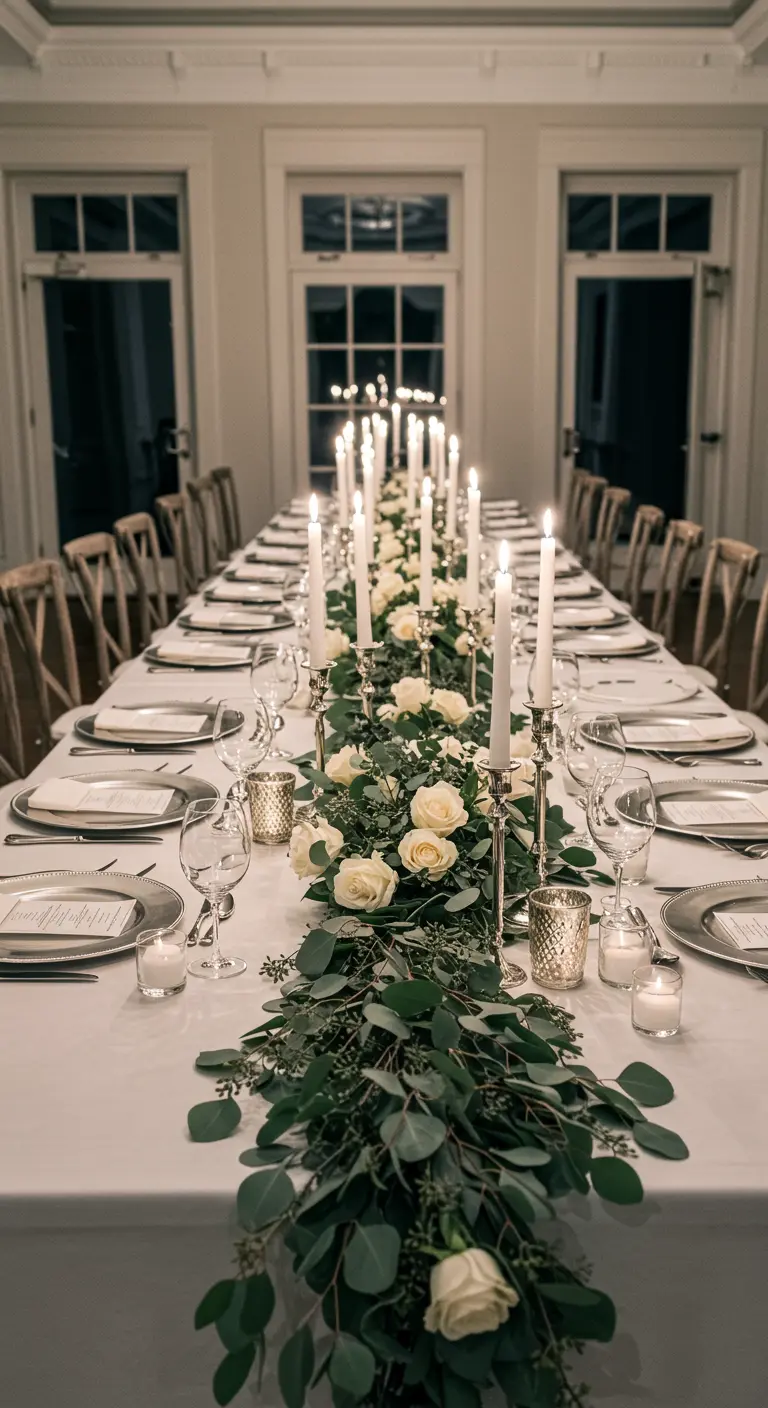 Longue table blanche avec un chemin de table en eucalyptus et roses blanches.
