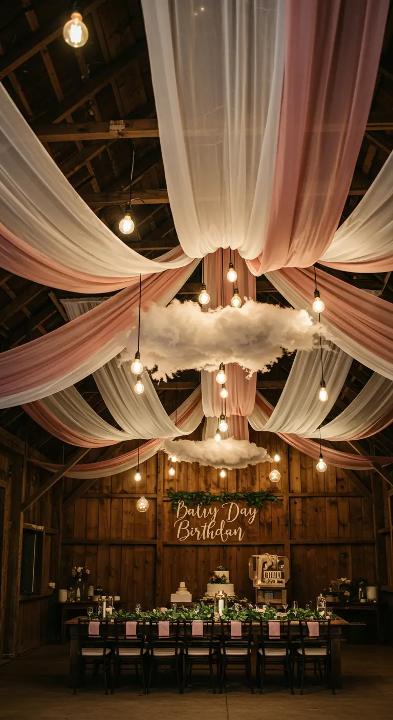 Plafond d'une grange décoré de voilages roses et blancs et de nuages lumineux.