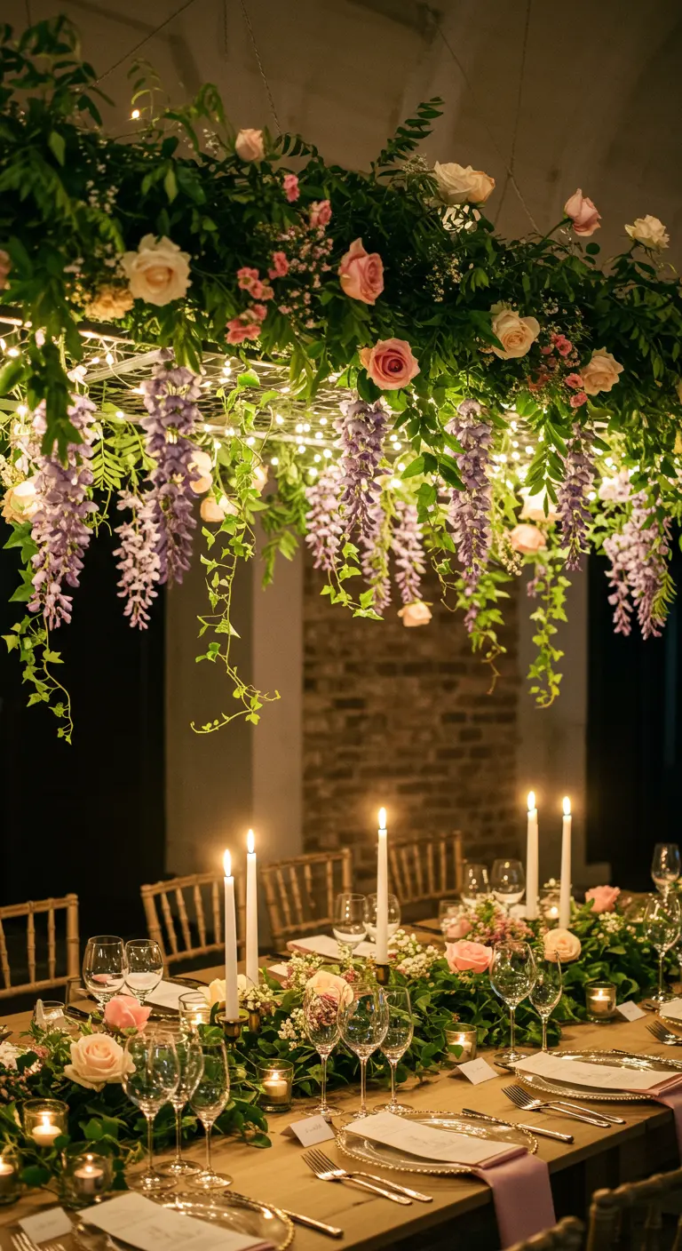 Lustre floral de glycines, roses et guirlandes lumineuses suspendu au-dessus d'une table de fête.