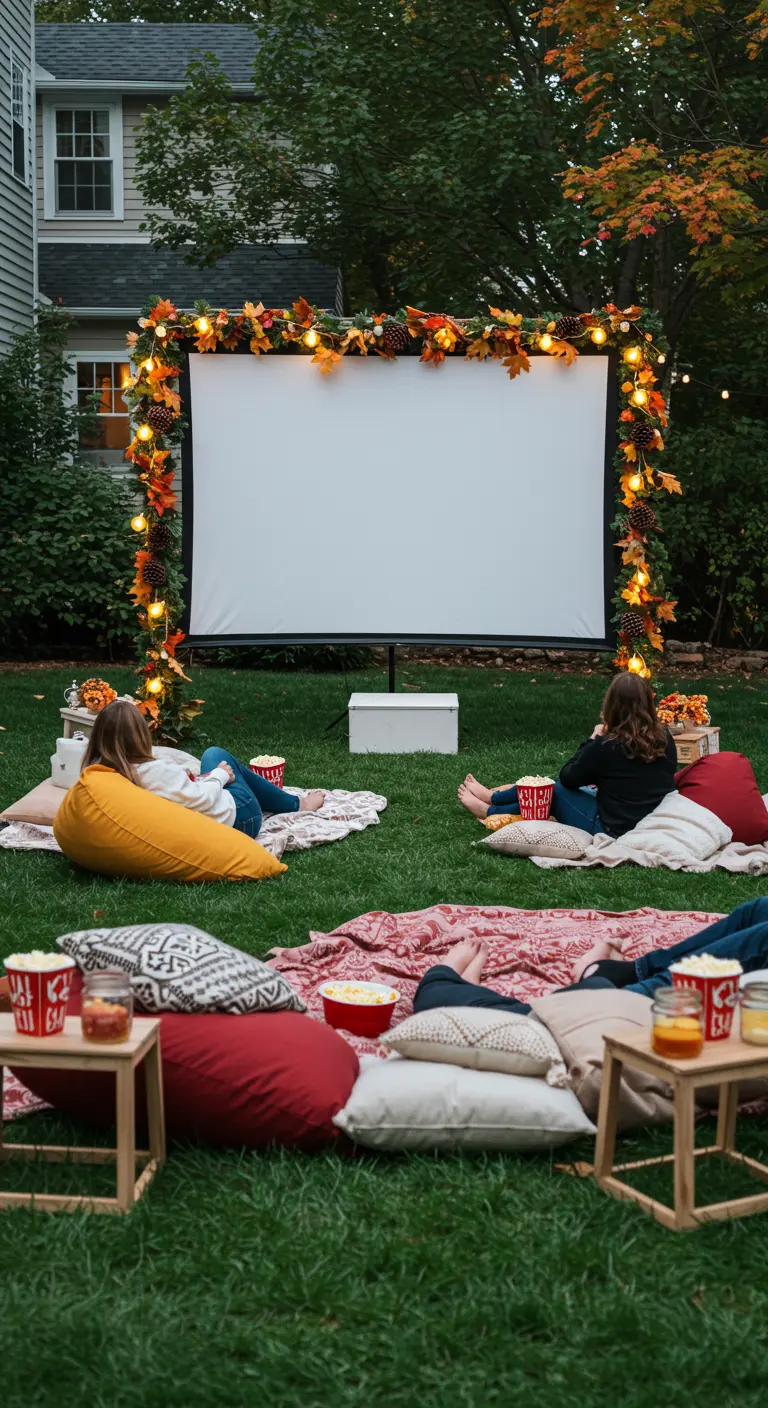 Écran de cinéma en plein air encadré d'une guirlande automnale lumineuse.
