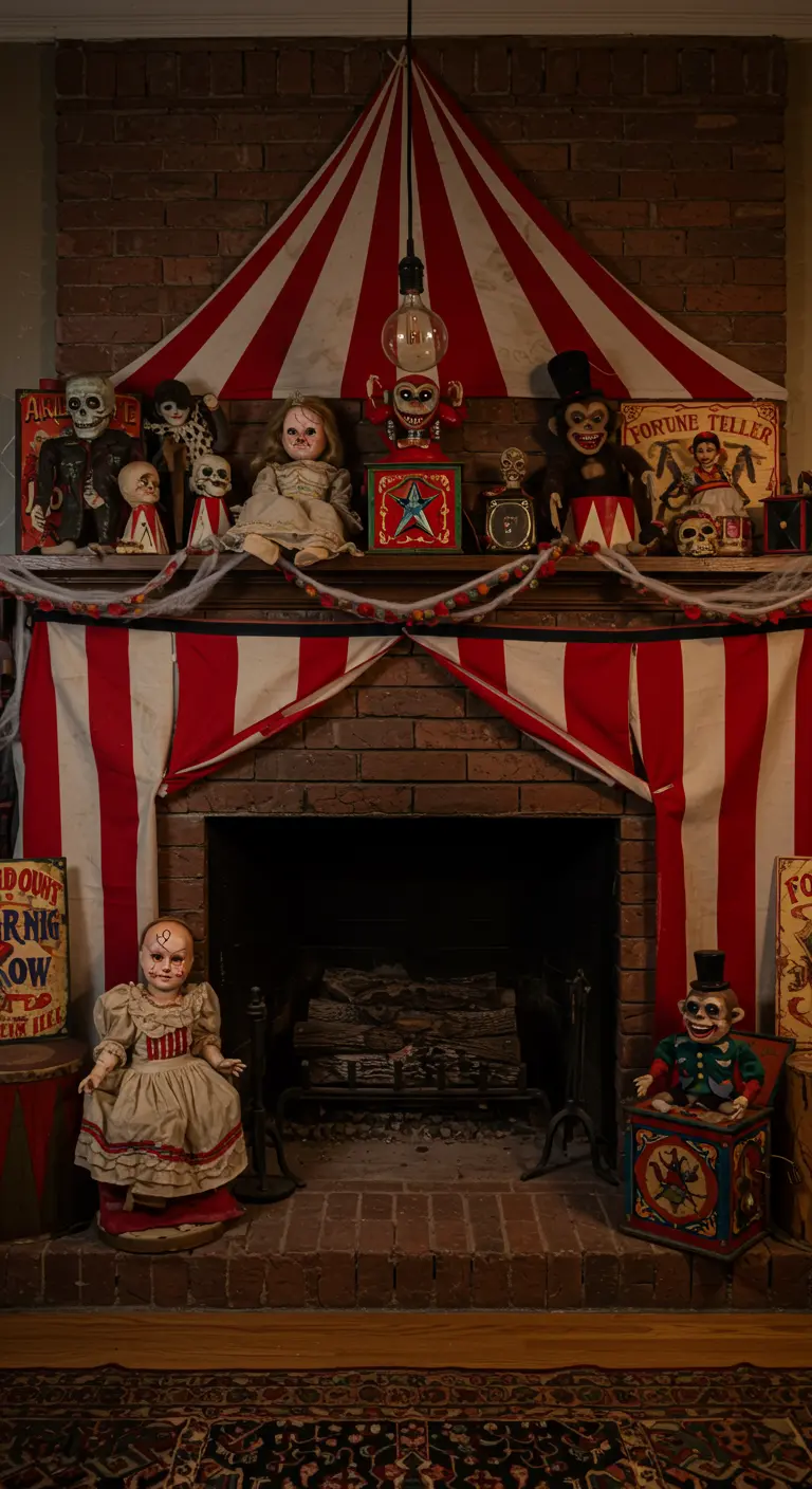 Décoration d'Halloween sur le thème du cirque hanté avec des poupées anciennes et un chapiteau.