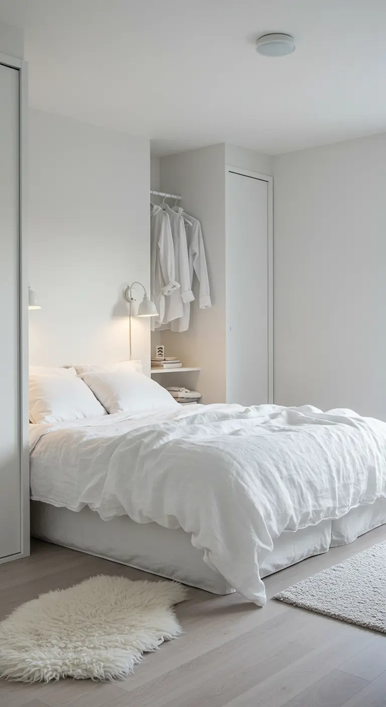 Chambre entièrement blanche avec des textures variées, un tapis moelleux et un petit dressing ouvert.