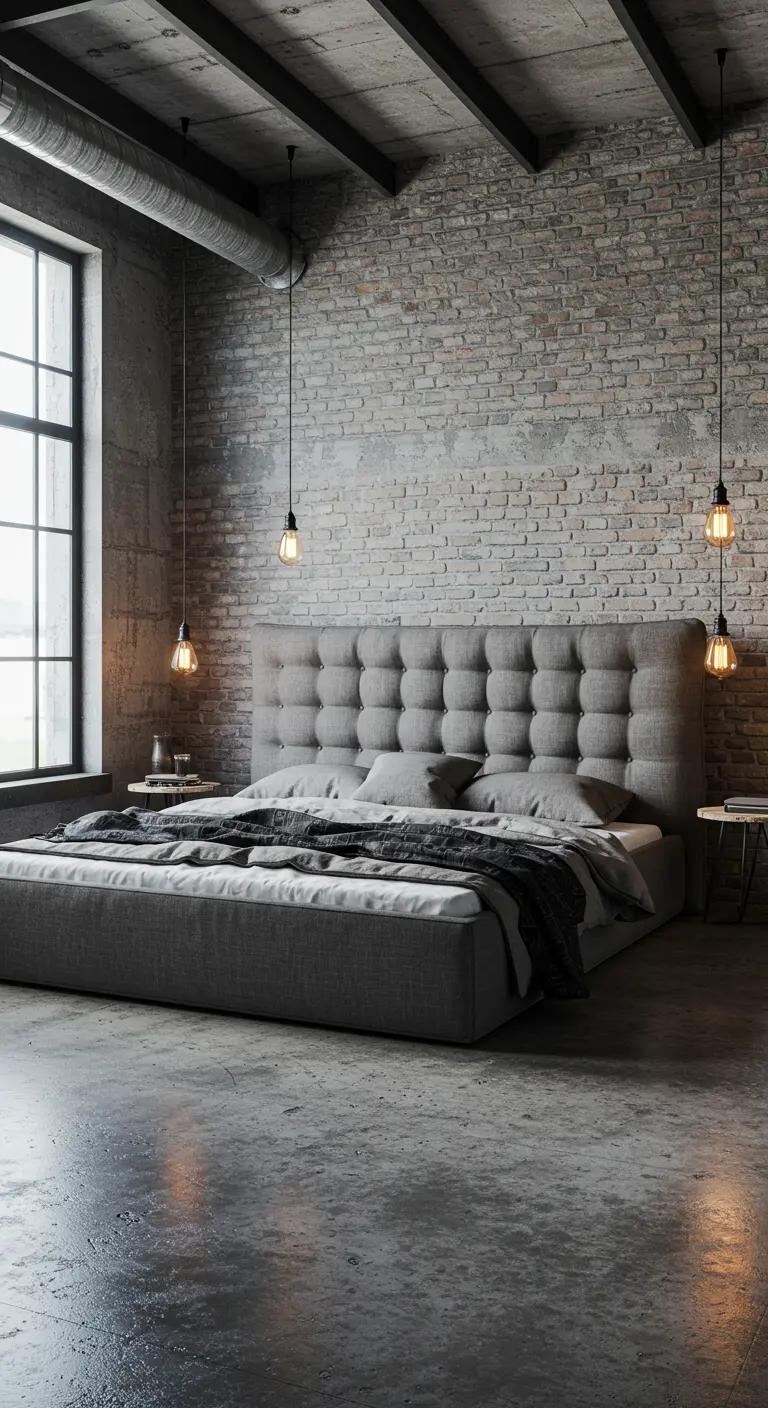 Tête de lit capitonnée grise dans une chambre loft avec un mur en briques.
