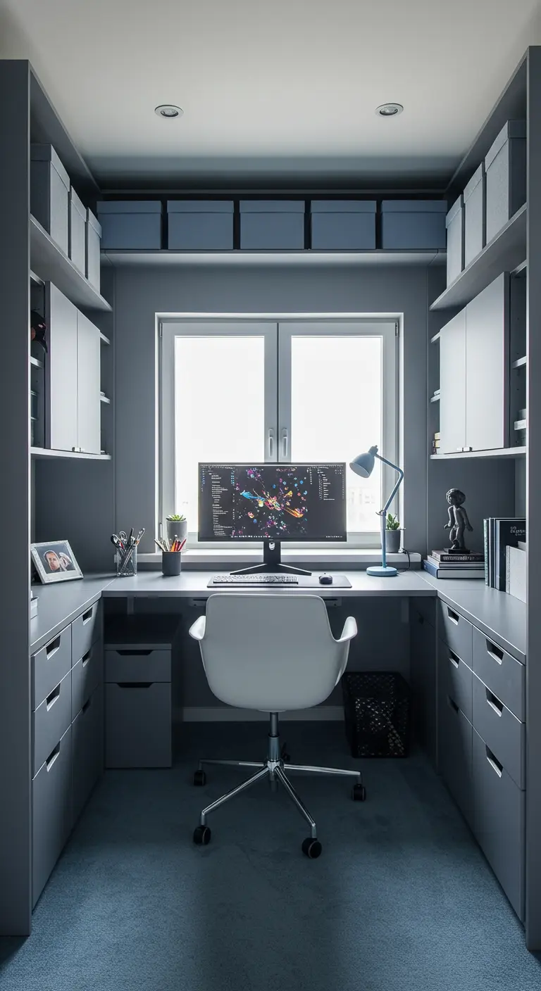 Bureau compact et fonctionnel en forme de U, aménagé dans une petite pièce grise.