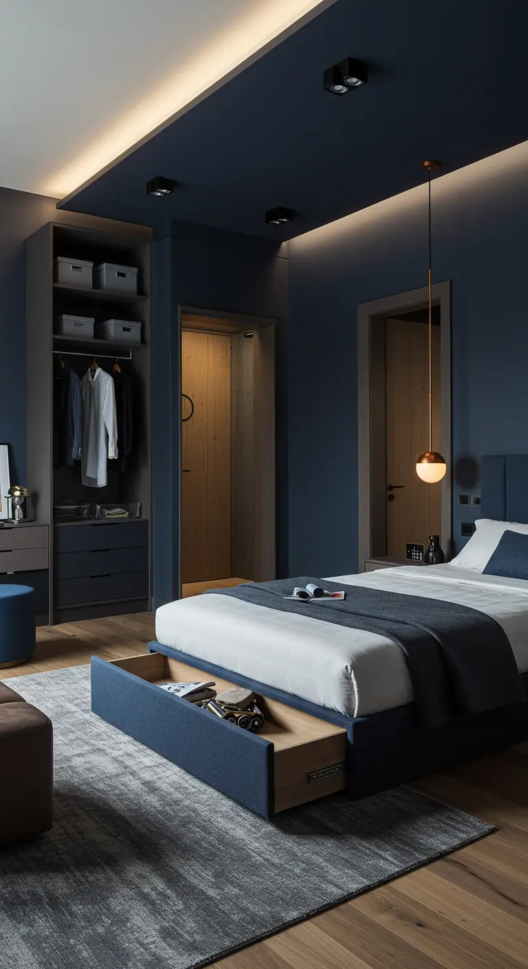 Chambre bleu nuit avec un lit tapissé et un grand tiroir de rangement au pied.
