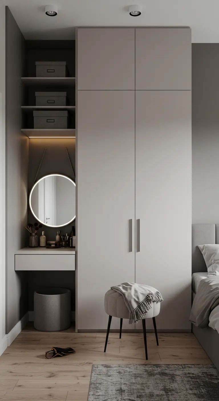 Armoire minimaliste avec une niche intégrée servant de coiffeuse avec un miroir rond éclairé.