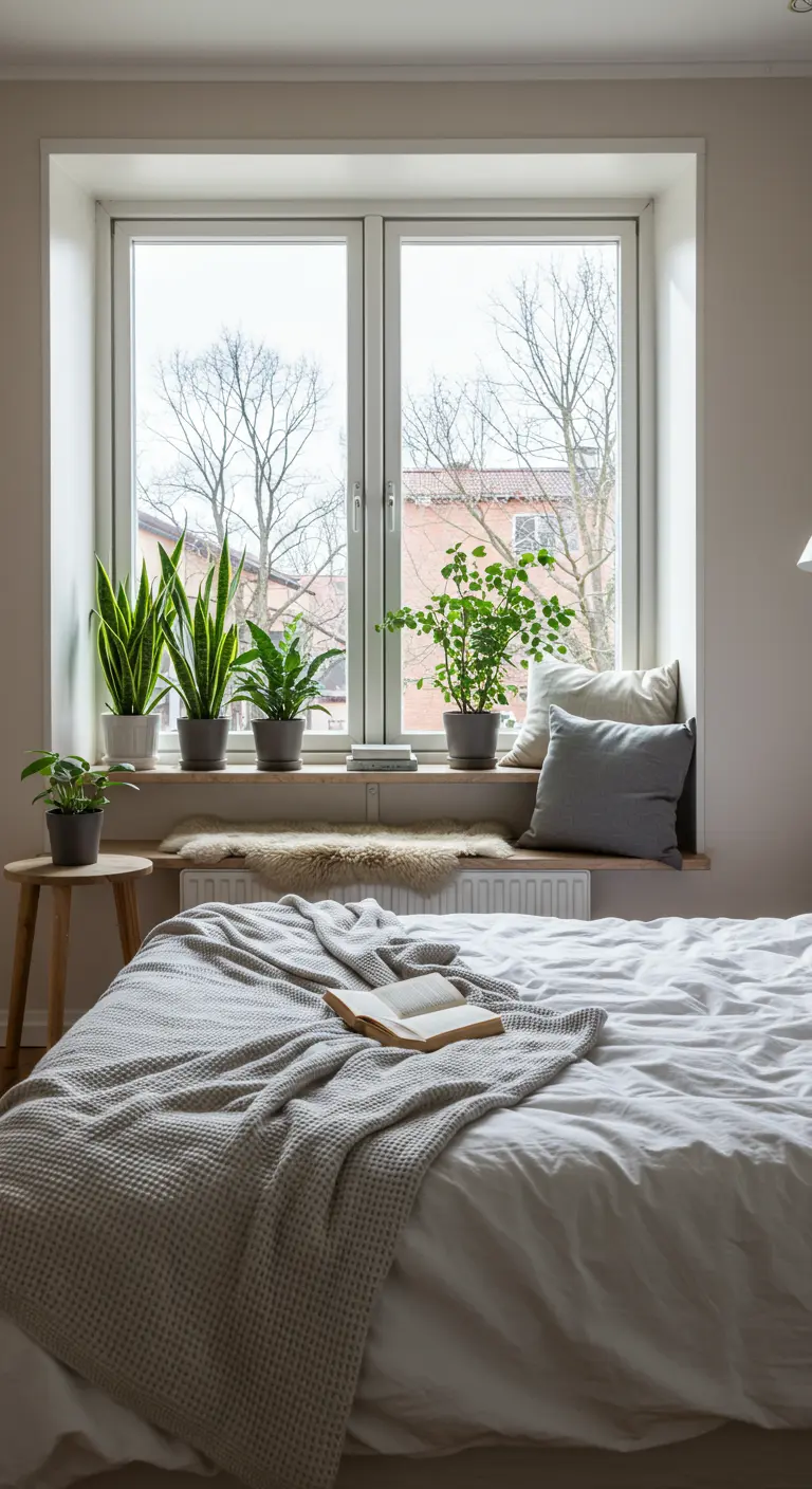 Rebord de fenêtre aménagé en banquette avec des plantes vertes et des coussins.