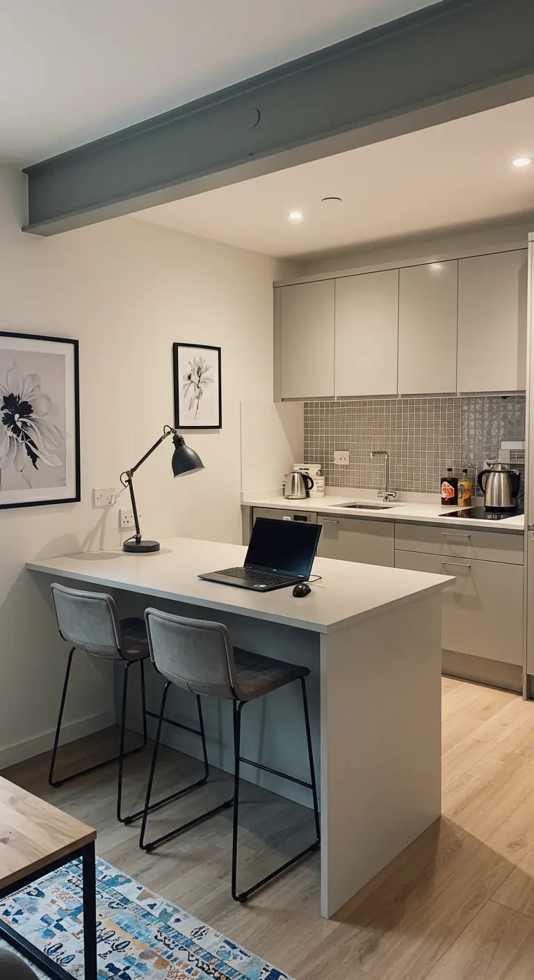 Prolongement d'un îlot de cuisine servant de bureau avec deux tabourets hauts.