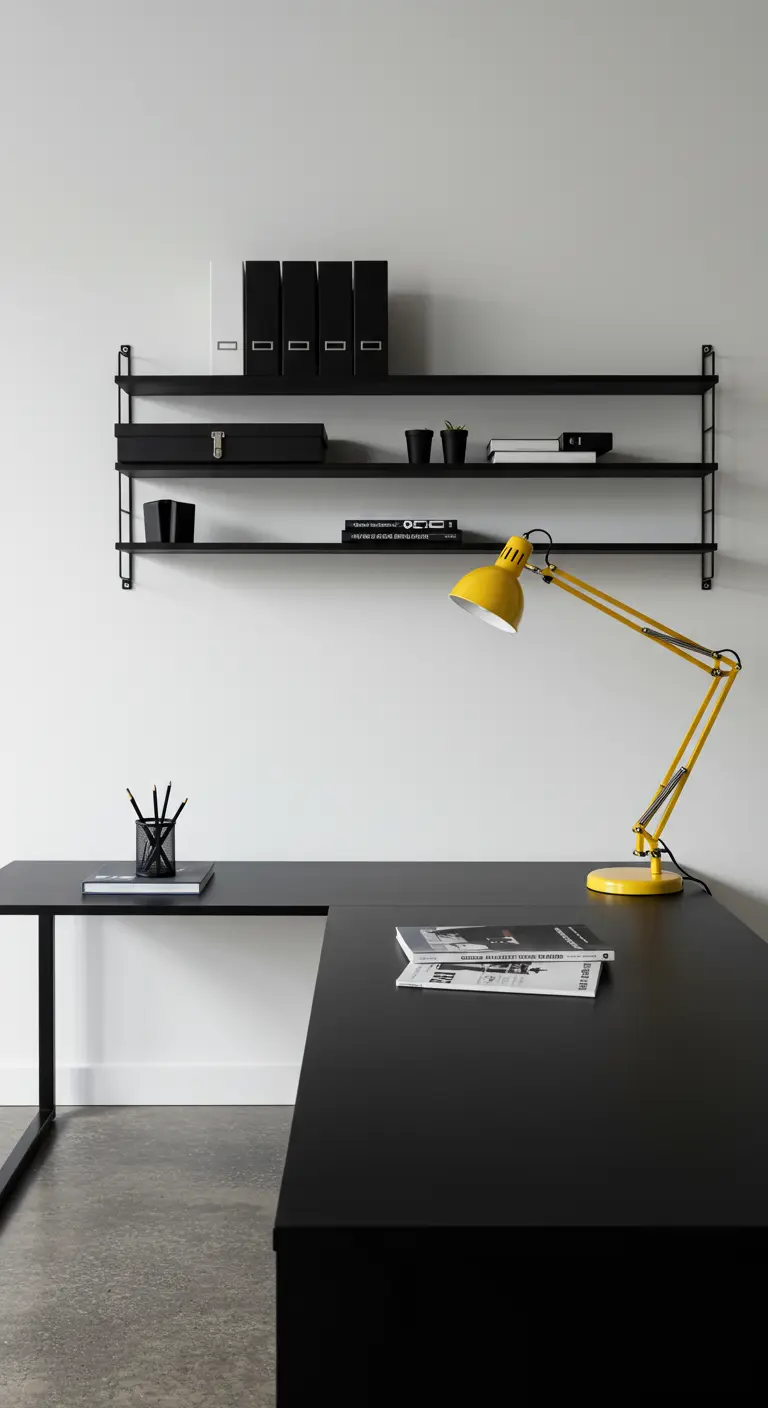 Bureau en L noir mat avec une lampe d'architecte jaune vif et des étagères noires.