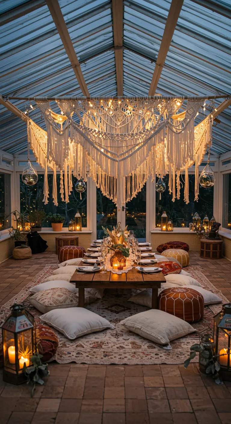 Table basse dressée sous un grand macramé suspendu et illuminé dans une véranda.